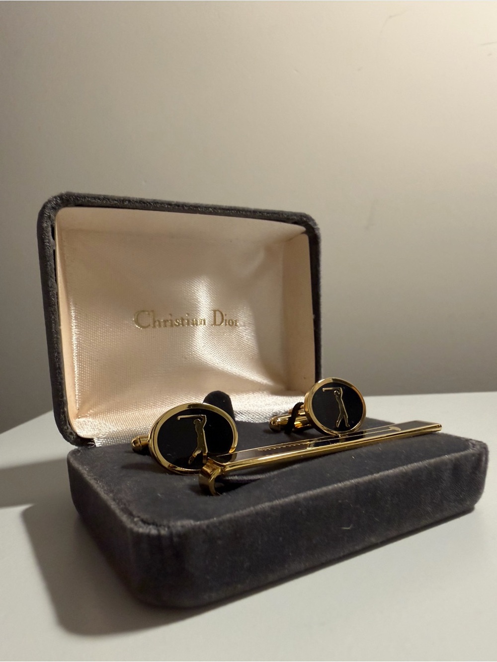 Dior Black and Gold Round Cufflinks with Tie Bar